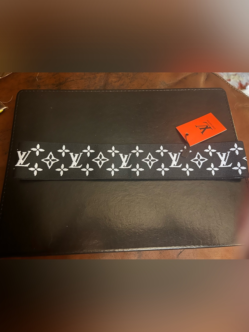 Louis. Vuitton. Black White Letter Logo Monogram Stretch Headband